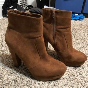Brown Suede Platform Heeled Booties